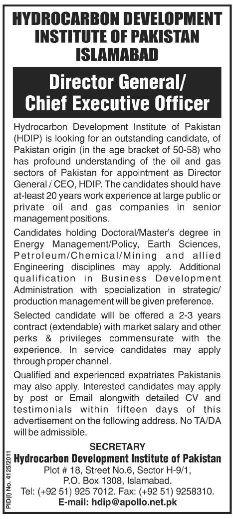 Hydrocarbon Development Institute of Pakistan (Govt Jobs) Requires Chief Executive Officer