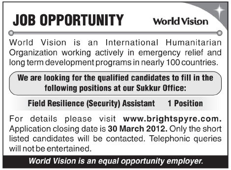 World Vision (NGO Jobs) Requires Field Resilience (Security) Assistant