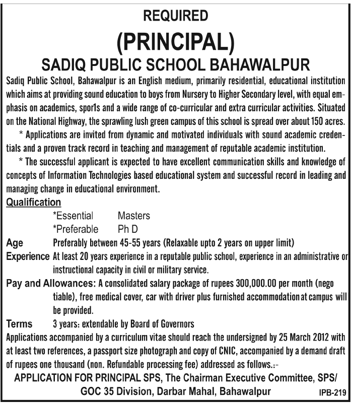 Sadiq Public School Requires Principal