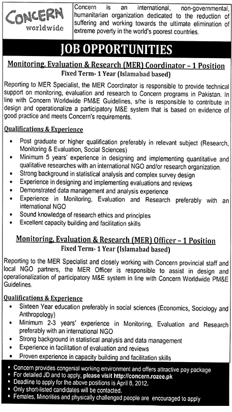 Concern Worldwide (NGO Jobs) Requires MER Coordinator and MER Officer