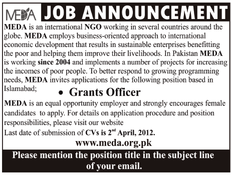 MEDA (NGO Jobs) Requires Grants Officer