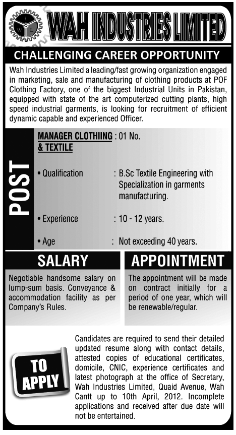 Wah Industries Limited (Govt.) Jobs