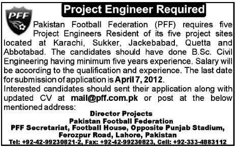 Pakistan Football Federation (Govt Jobs) Requires Project Engineer