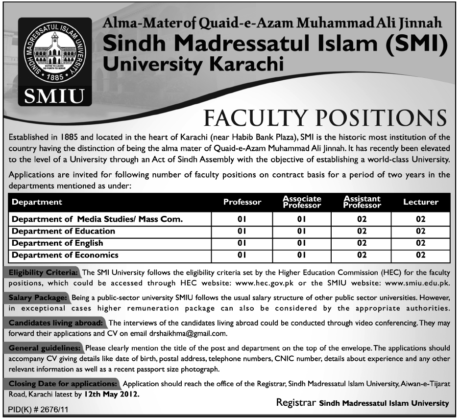 SMIU-Sindh Madressatul Islam University Karachi (Govt.) Jobs