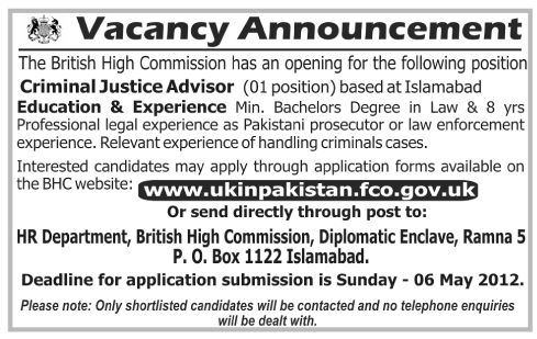 The British High Commission (BHC Jobs) Requires Criminal Justice Advisor