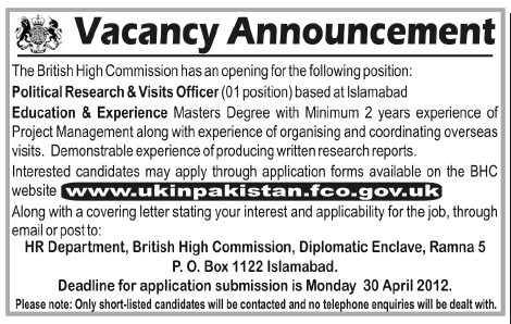 The British High Commission (BHC Jobs) Requires Political Research & Visits Officers