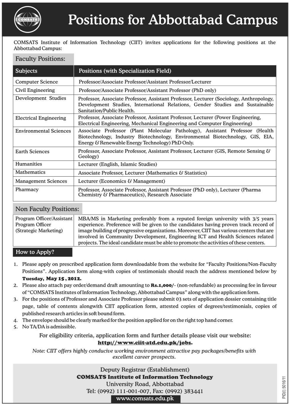 COMSATS Institute of Information Technology (CIIT) Abbottabad Jobs