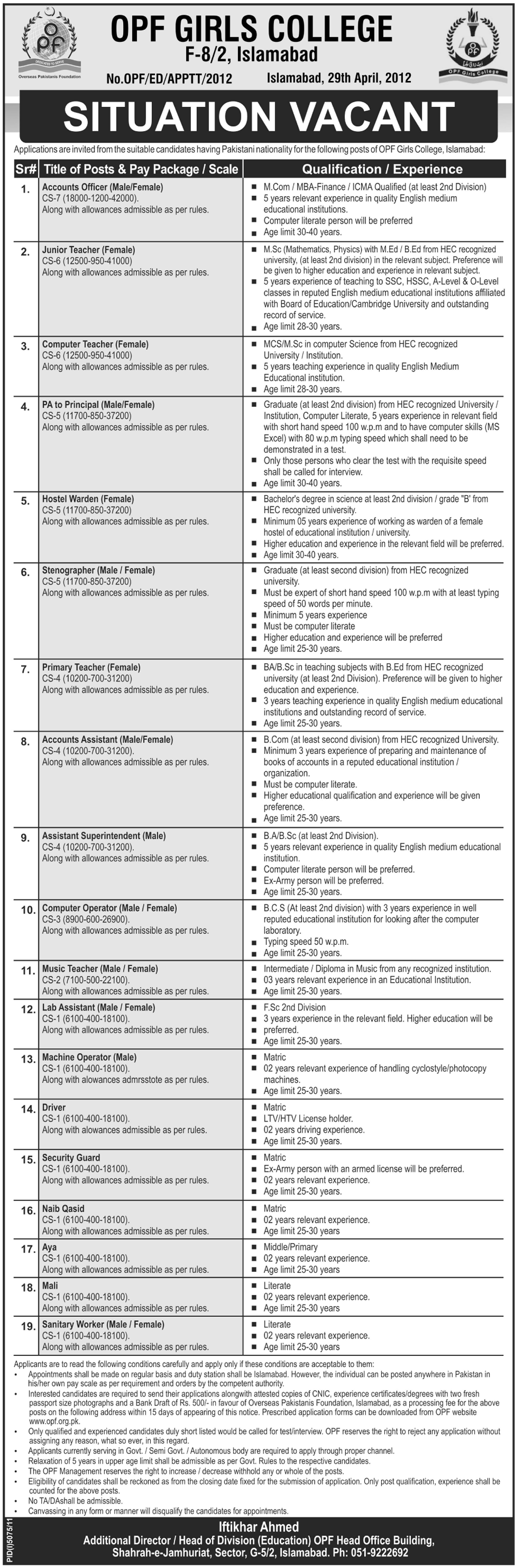 OPF Girls College Islamabad (Govt.) Jobs