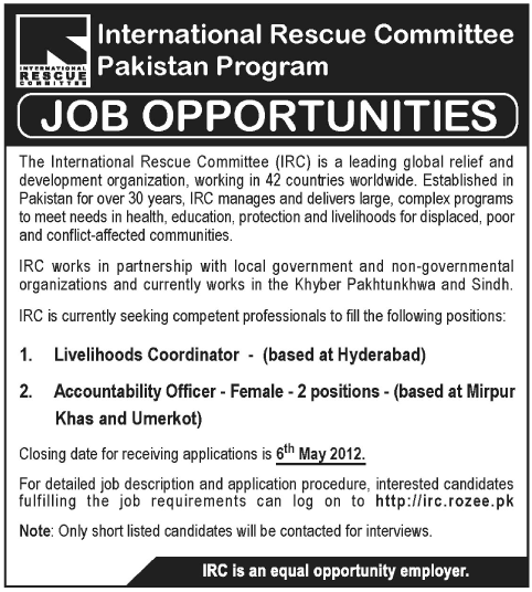 International Rescue Committee Pakistan Program Jobs