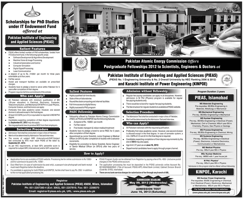 Pakistan Atomic Energy Commission (PAEC) Postgraduate (MS) Fellowships at PIEAS