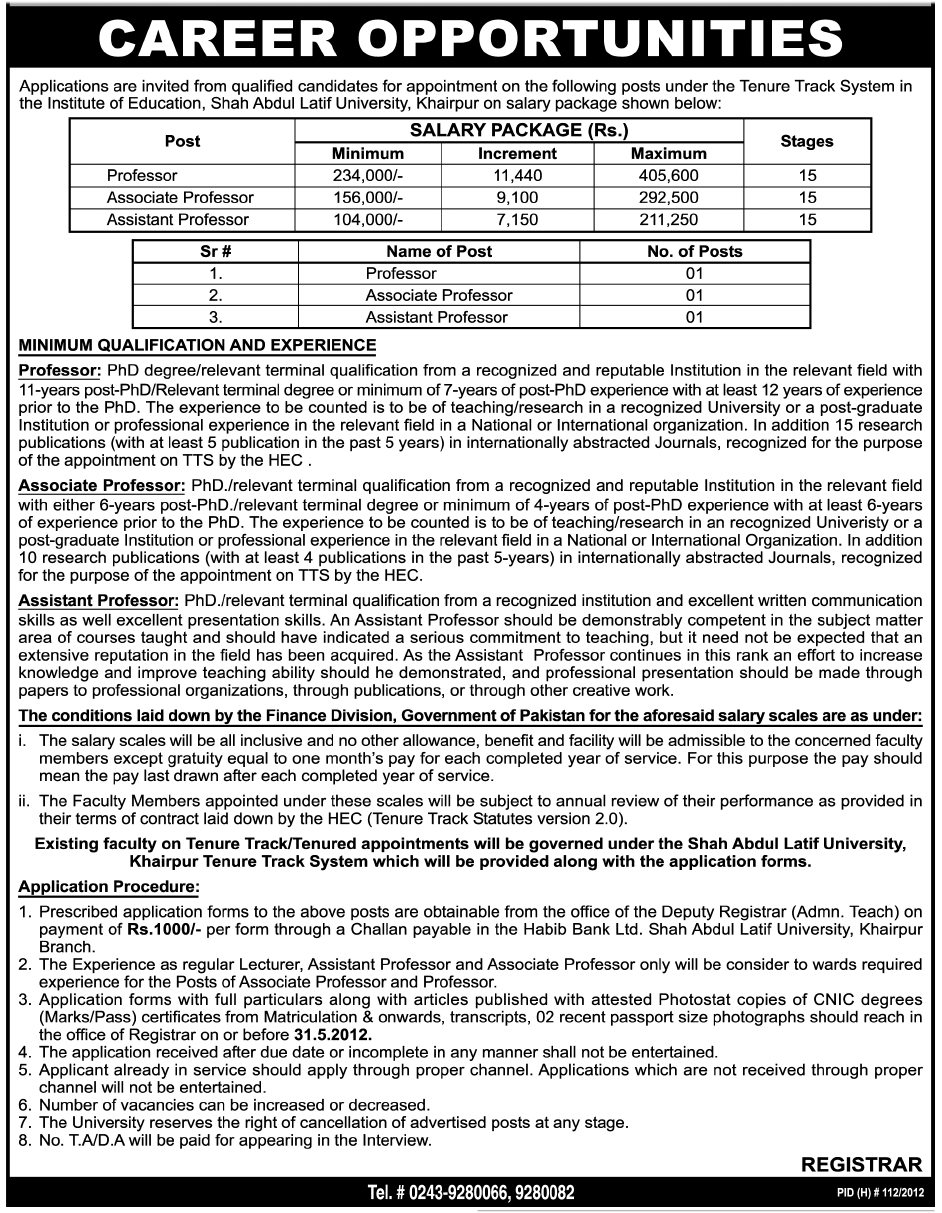 Professors required at Shah Abdul Latif University under T.T.S