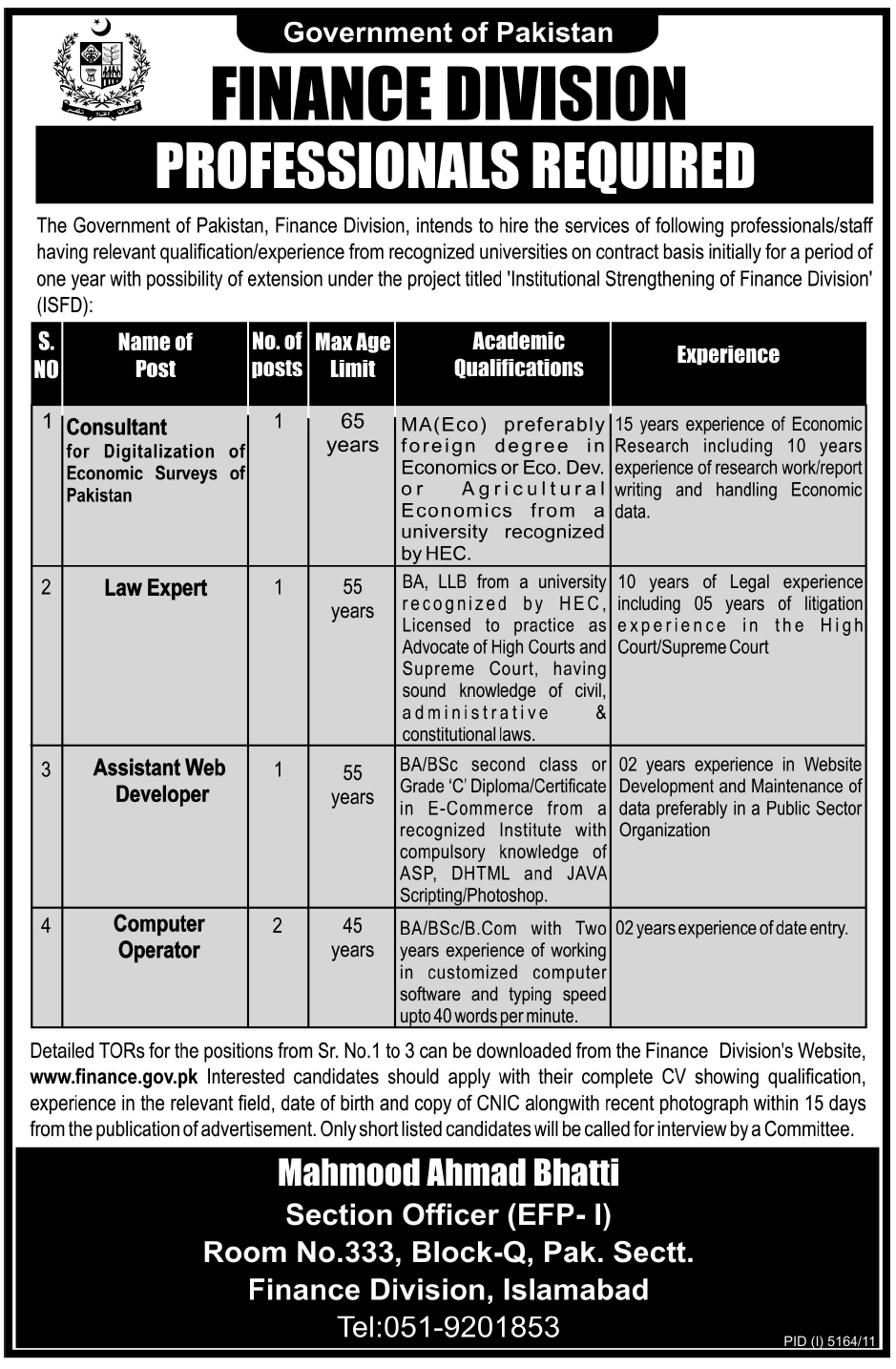 Jobs at Finance Division, Government of Pakistan