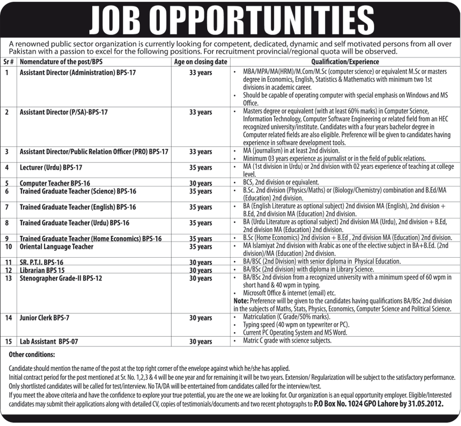 Teaching and Management Situations Vacant at Public Sector Organization