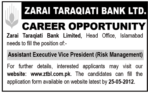 Job as Assistant Executive Vice President (Risk Management) at ZTBL