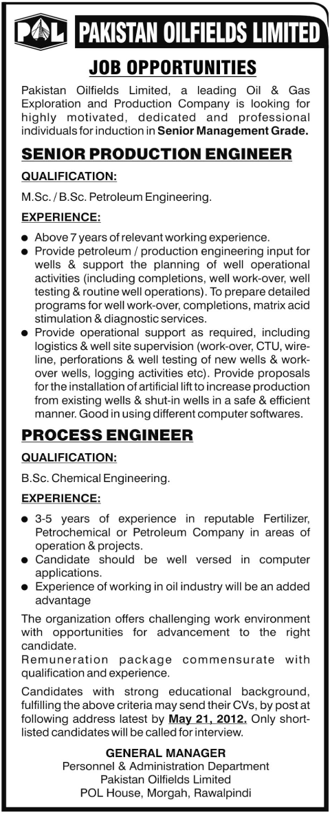Engineer Required at Pakistan Oil Fields Limited