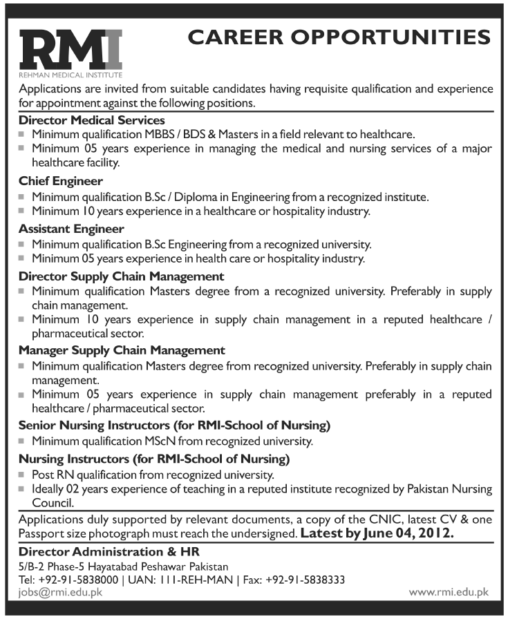 Management Jobs at Rehman Medical Institute (RMI)