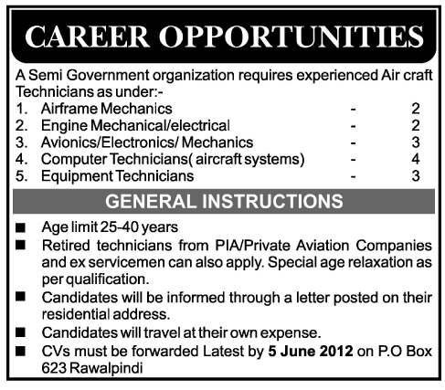 Air Craft Technicians Required at Semi Government Organization