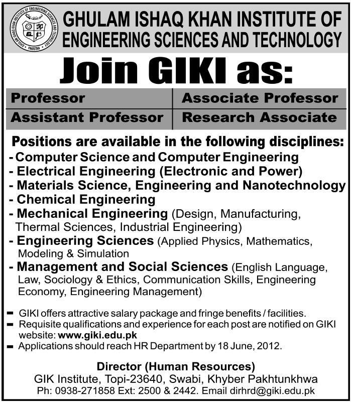 Teaching Faculty Required at GIKI (Ghulam Ishaq Khan Institute of Engineering Science and Technology)