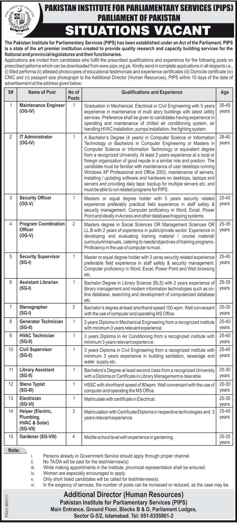 Administration jobs at Pakistan Institute for Parliamentary Services (PIPS)