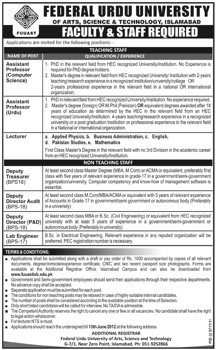 Teaching & Non-Teaching Staff Required at Federal Urdu University of Arts, Science & Technology