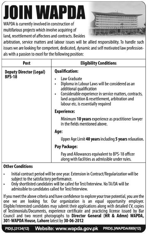 Join WAPDA as Deputy Director (Legal)