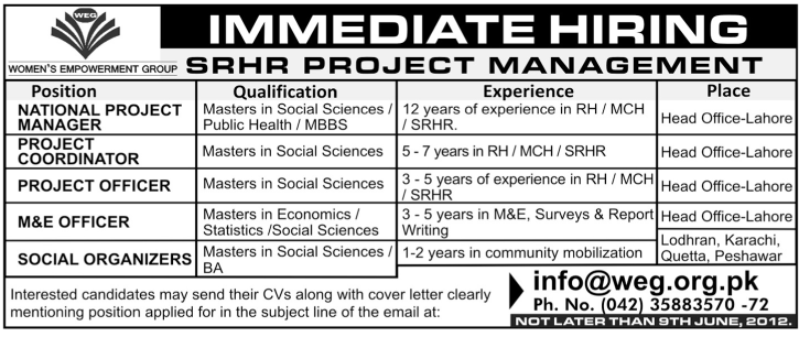 Managerial and Support Officers Required at SRHR Project (Private Job)