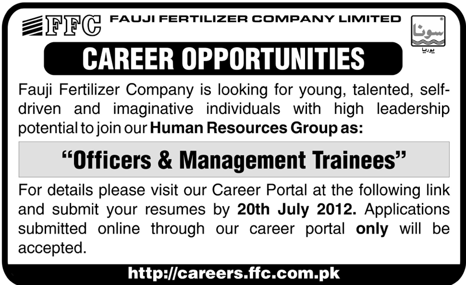 Officers and Management Trainees Required at Fauji Fertilizers Company Limited (FFC)