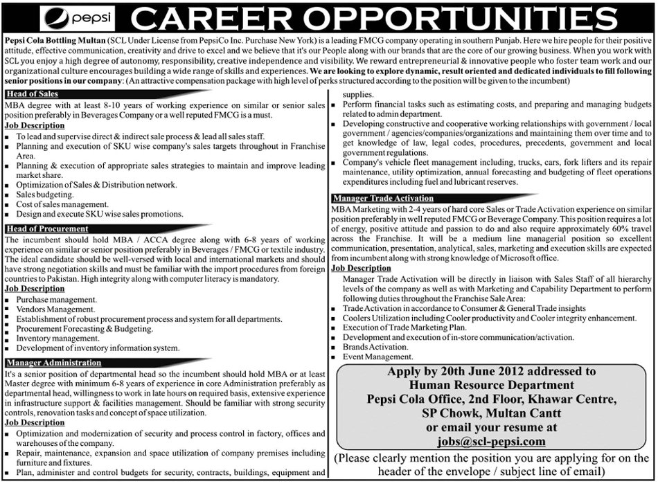 Managerial and Sales Staff Required at Pepsi Cola Bottling Company