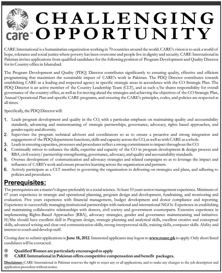 PQD Director Required at CARE International (Humanitarian Organization)