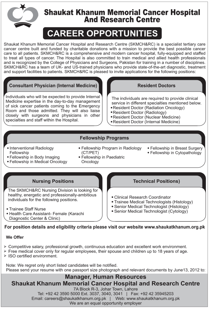 Medical Professionals and Technical Staff Required at Shaukat Khanum Memorial Cancer Hospital and Research Centre