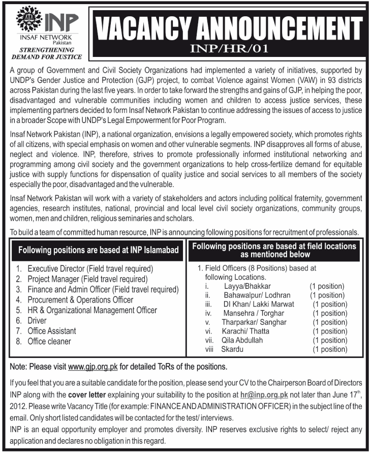 Executive and Management Jobs at INSAF Network Pakistan (INP)