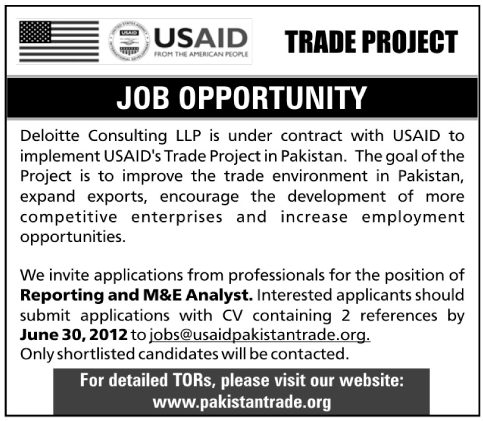 Reporting and M&E Analyst Required Under Trade Project of USAID