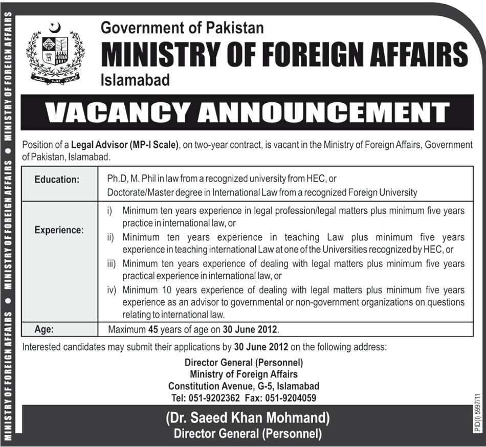 Legal Advisor Required in Ministry of Foreign Affairs Pakistan (Govt. job)