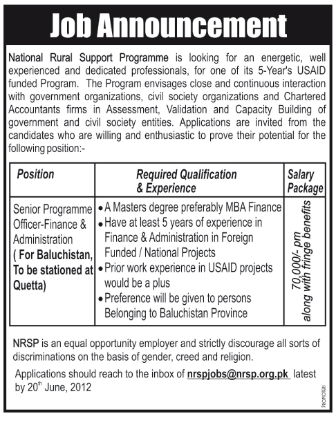 Senior Programme Officer Required Under National Rural Support Programme (USAID Funded Programme)