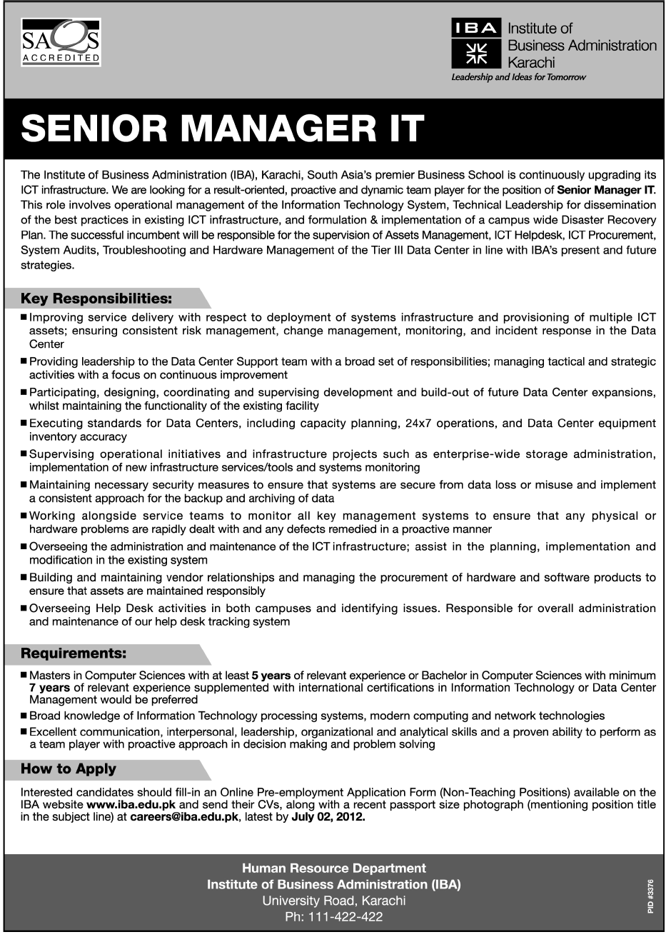 Senior Manager IT Required at Institute of Business Administration (IBA)