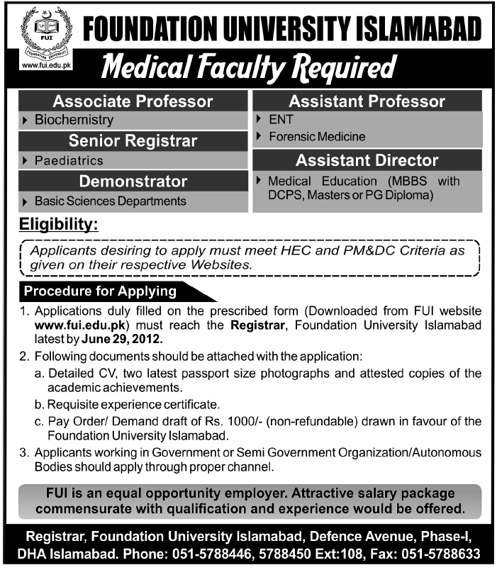 Medical Faculty Required at Foundation University (FU)