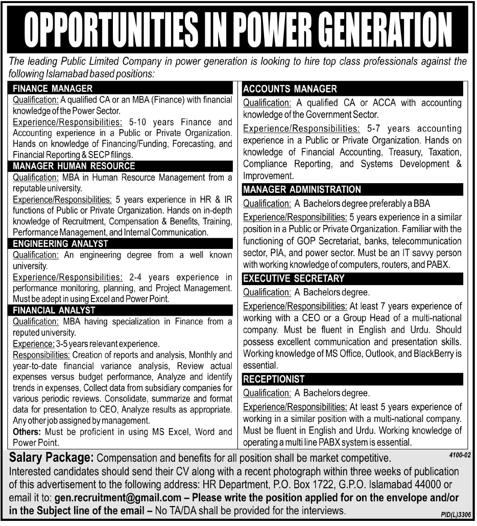 Financial Management and Admin Staff Required by a Public Sector Organization in Power Generation
