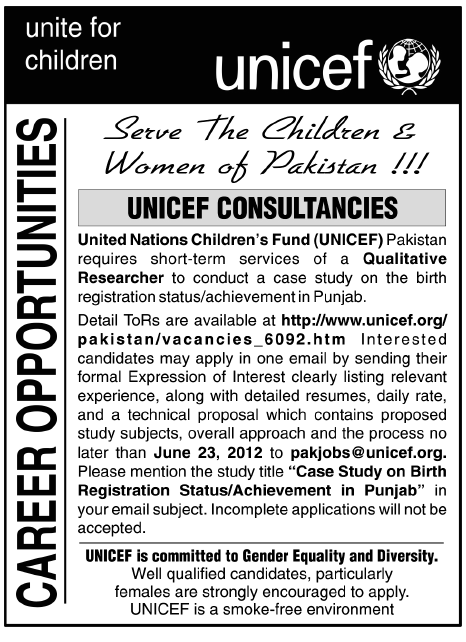 Qaulitative Researchers Jobs at UNICEF Pakistan