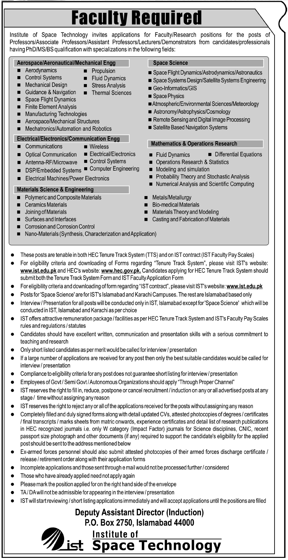 Institute of Space Technology (IST) Requires Teaching Faculty and Research Staff