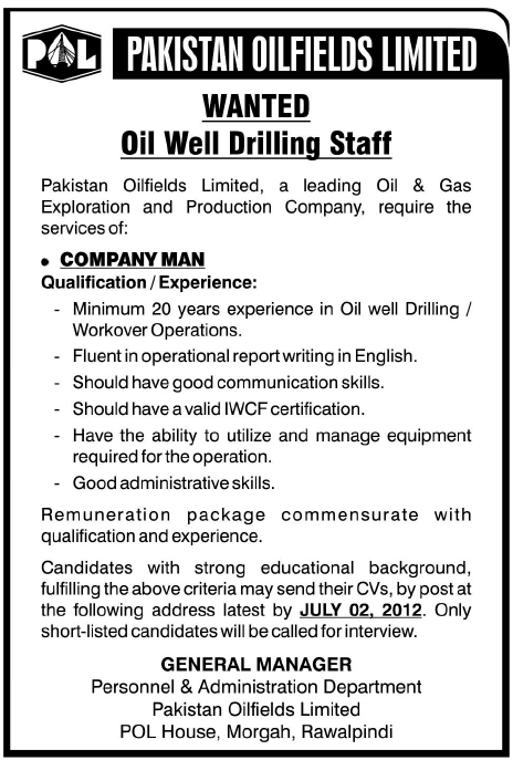 Pakistan Oilfields Limited (POL) Requires Company Man