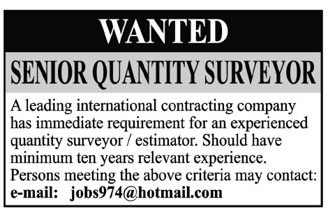 Senior Quantity Surveyor Required by a Contracting Company