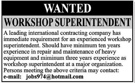 Workshop Superintendent Wanted in a Contracting Company