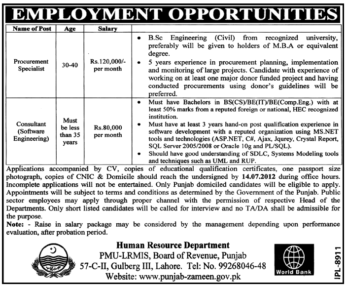Procurement Specialist and Consultant Required Under Government of Punjab (Govt. job)