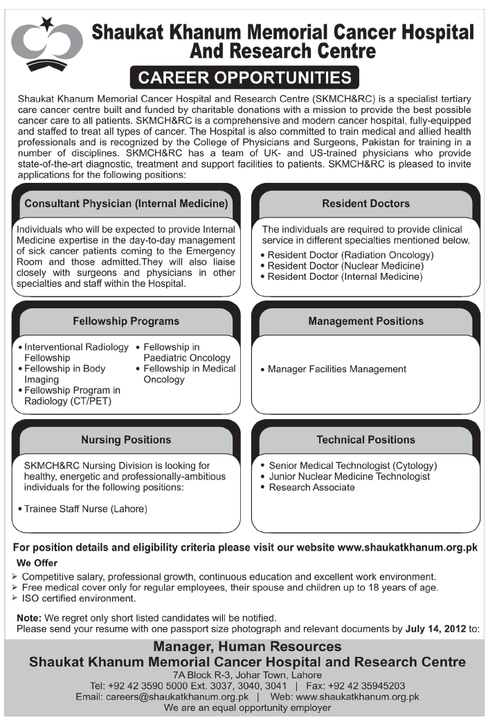 Shaukat Khanum Memorial Cancer Hospital And Research Centre Requires Medical Staff and Manager