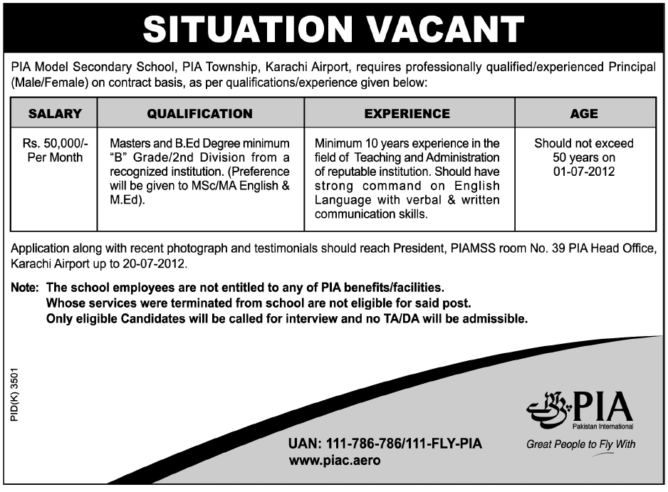 PIA Model Secondary School Requires Principal