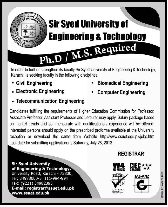 Teaching Faculty Required at Sir Syed University of Engineering & Technology (SSUET)