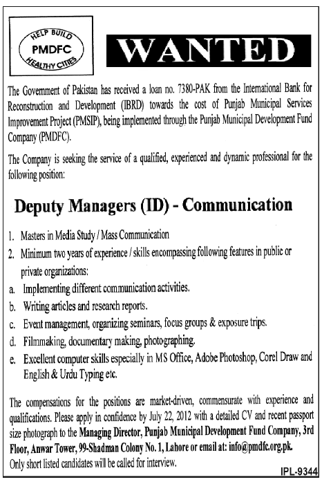 Deputy Managers (ID) Communications Job Under Punjab Municipal Development Fund Company (PMDFC) (Govt. job)