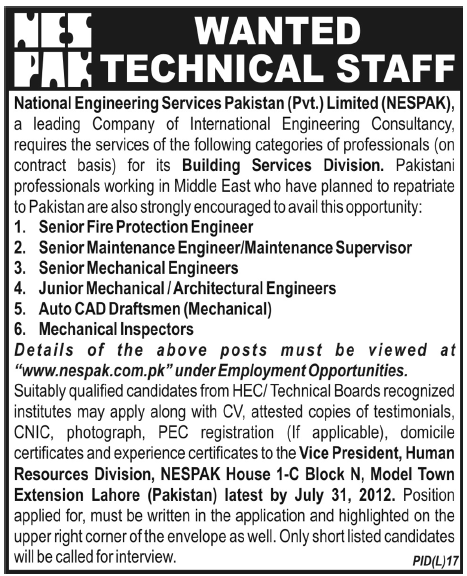 NESPAK Requires Technical Staff (Govt. job)