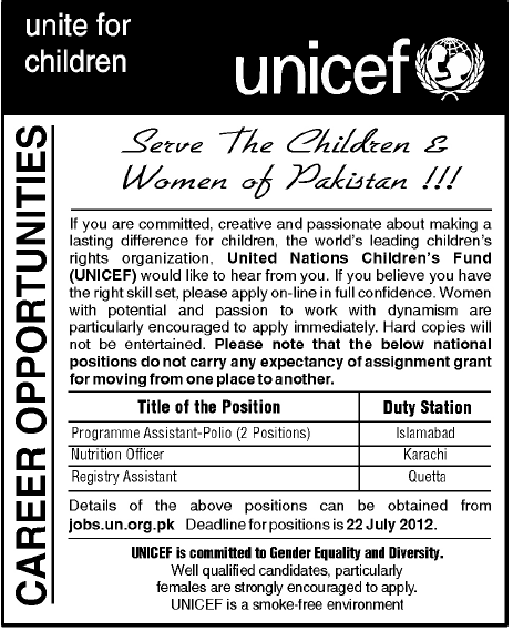 UNICEF Requires Admin Staff and Nutrition Officer (UN. Job)