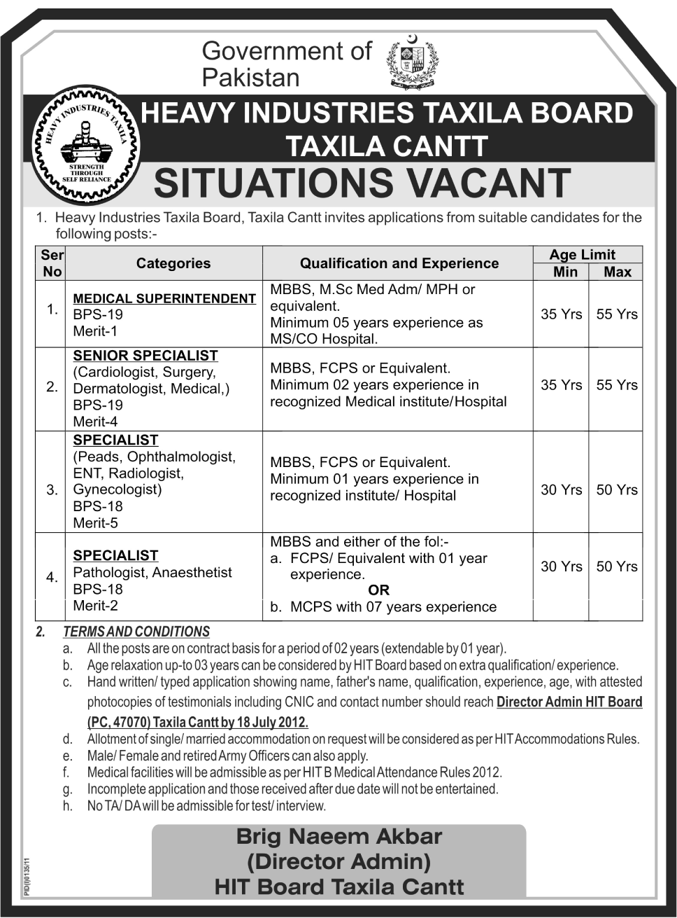 Heavy Industries Taxila Board Requires Medical Specialists (Doctors)